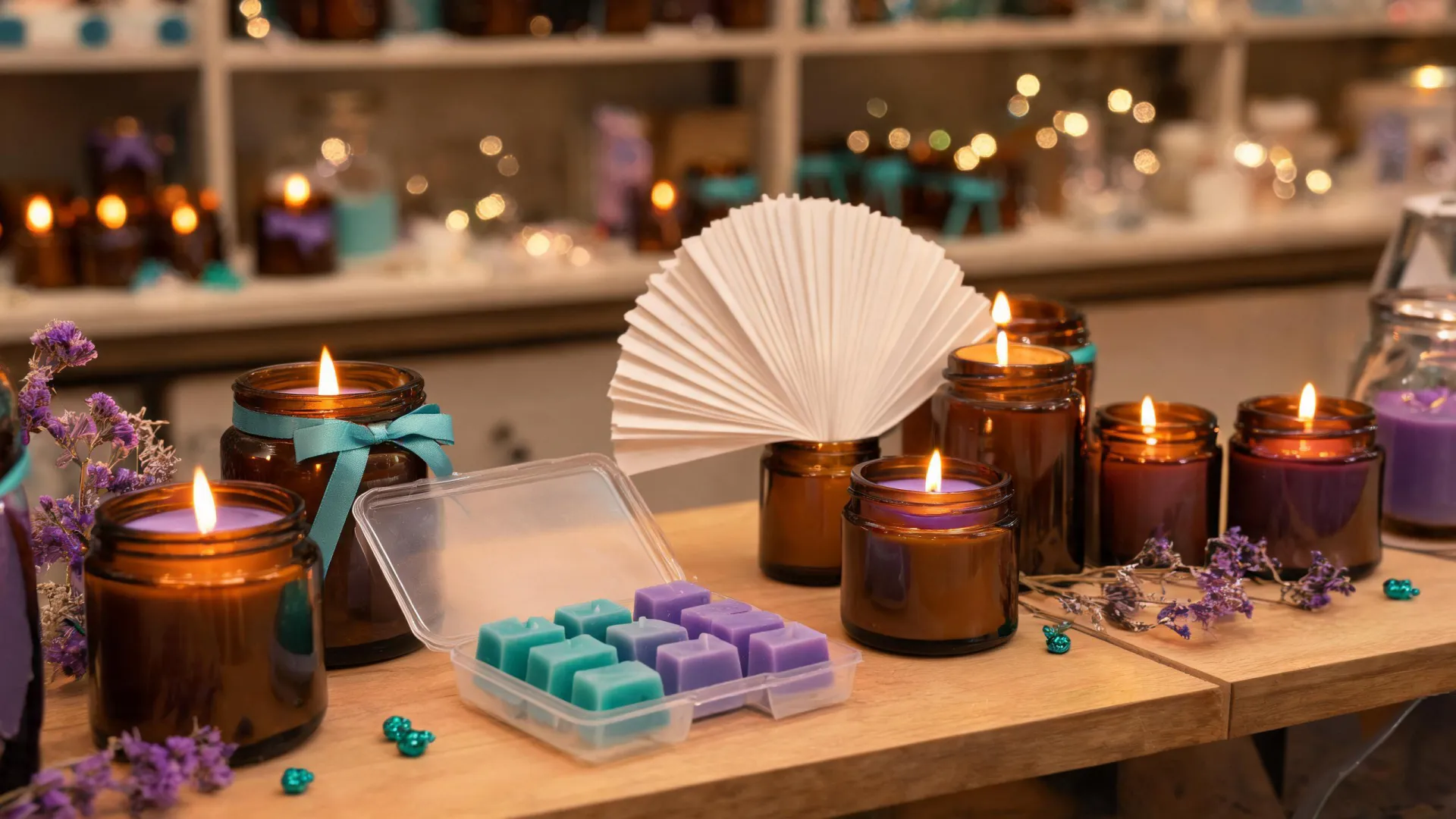 Warm candle studio with jars glowing on a fragrance bench